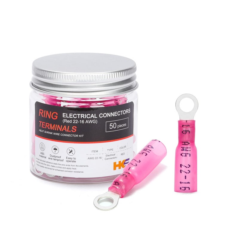 HK-S 50 قطعة من أطراف الحلقات #8 حمراء 22-16 AWG - M4 - موصلات كهربائية - مجموعة موصلات الأسلاك القابلة للتقلص بالحرارة - نحاس أحمر مطلي - موصلات حلقية بحرية أوتوماتيكية - مقاومة للماء ومعزولة - Image 1